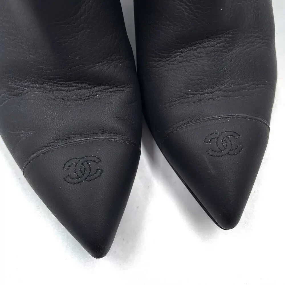 Chanel Wedge Booties Black Leather CC Logo Chain Pointed Ankle‎ Sz 37.5 / 7.5